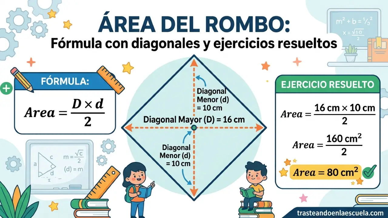 Área del rombo: fórmula con diagonales y ejercicios resueltos