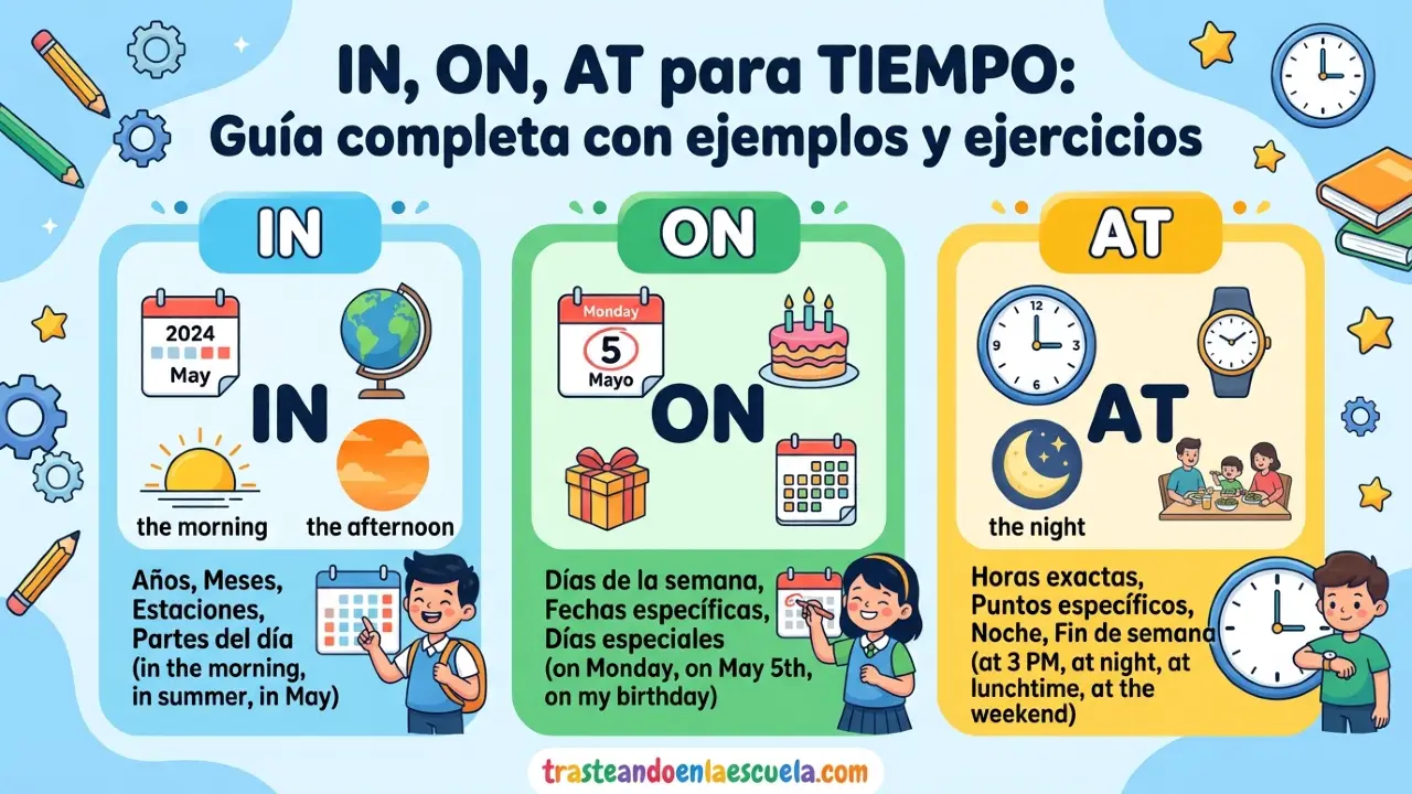 In, On, At para tiempo: guía completa con ejemplos y ejercicios