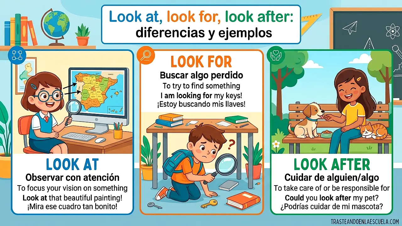 Look at, look for, look after: diferencias y ejemplos