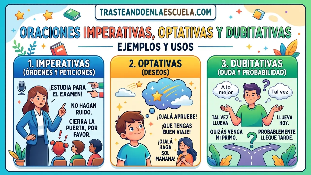 Oraciones imperativas, desiderativas y dubitativas: ejemplos y usos