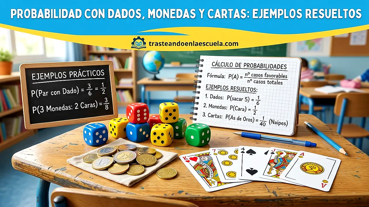 Probabilidad con dados, monedas y cartas: ejemplos resueltos