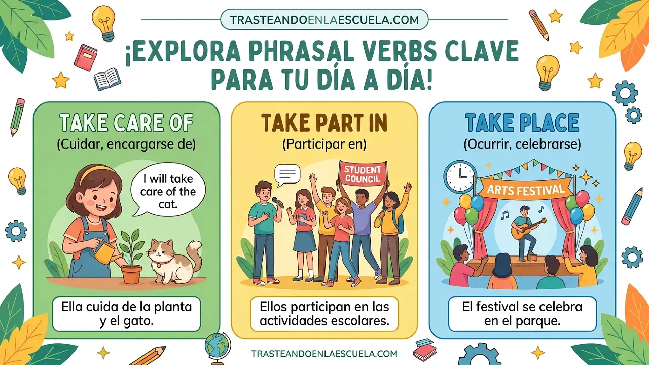 Take care of, take part in, take place: phrasal verbs para situaciones cotidianas