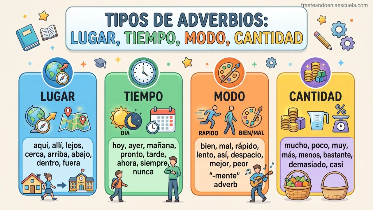 Tipos de adverbios: lugar, tiempo, modo, cantidad