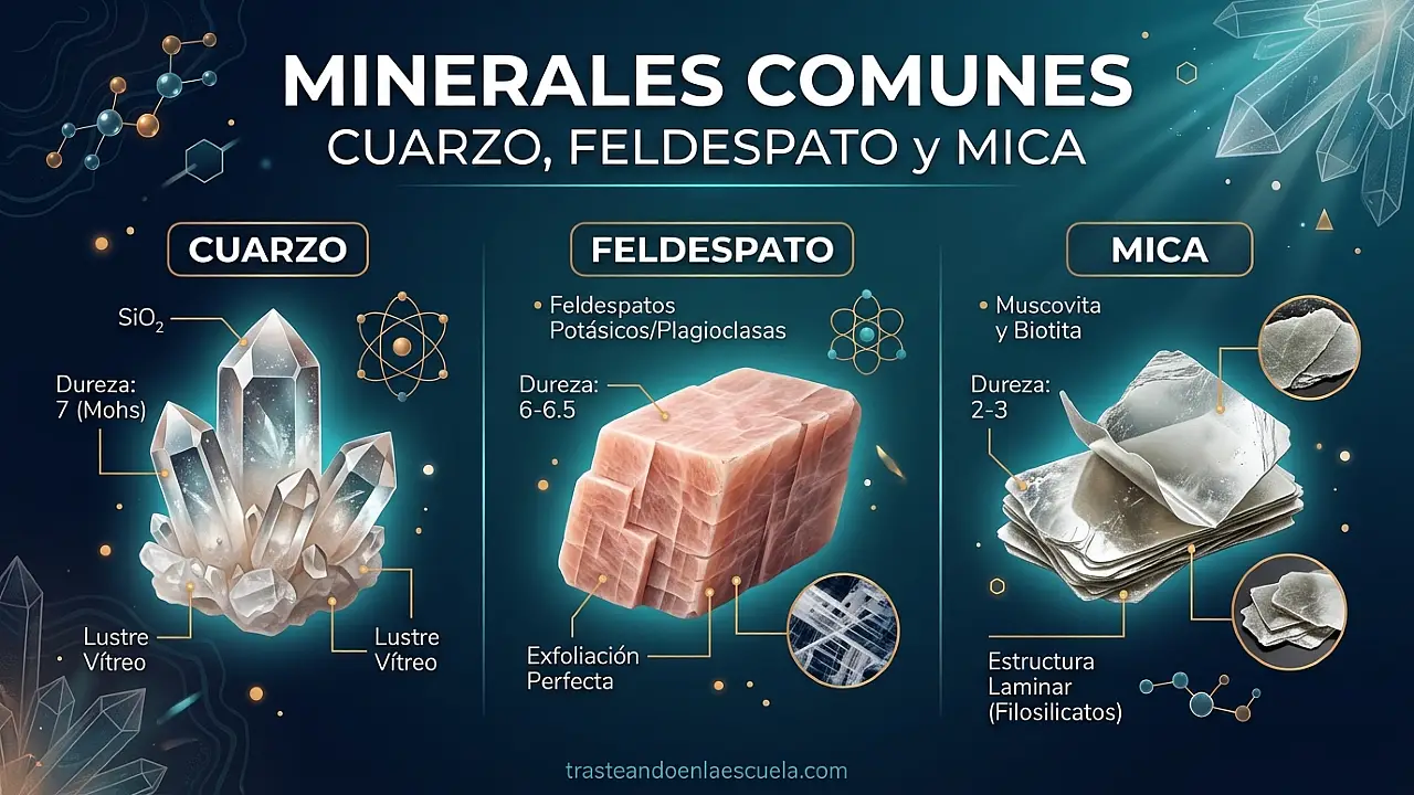 Minerales comunes: cuarzo, feldespato y mica