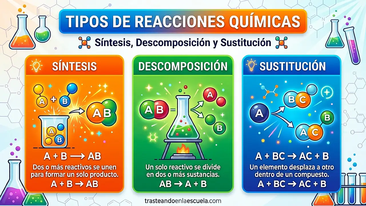 Tipos de reacciones químicas: síntesis, descomposición y sustitución