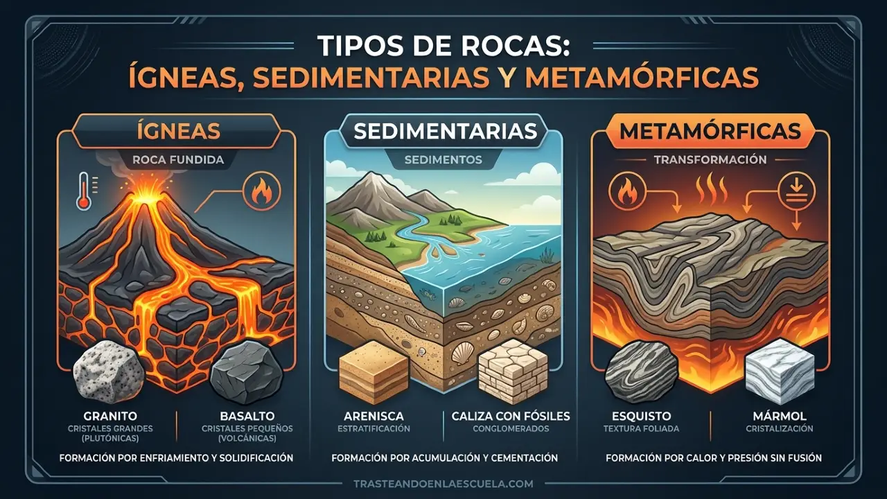 Tipos de rocas: ígneas, sedimentarias y metamórficas
