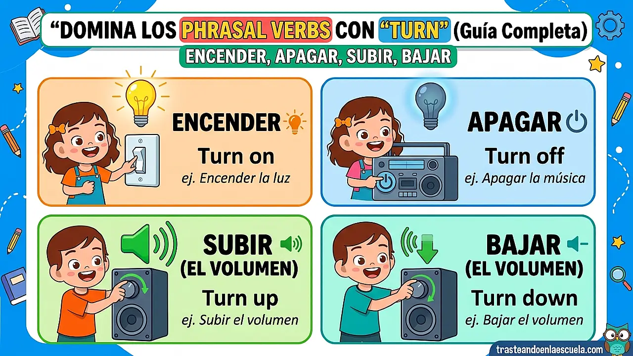 Turn on, turn off, turn up, turn down: guía completa de phrasal verbs