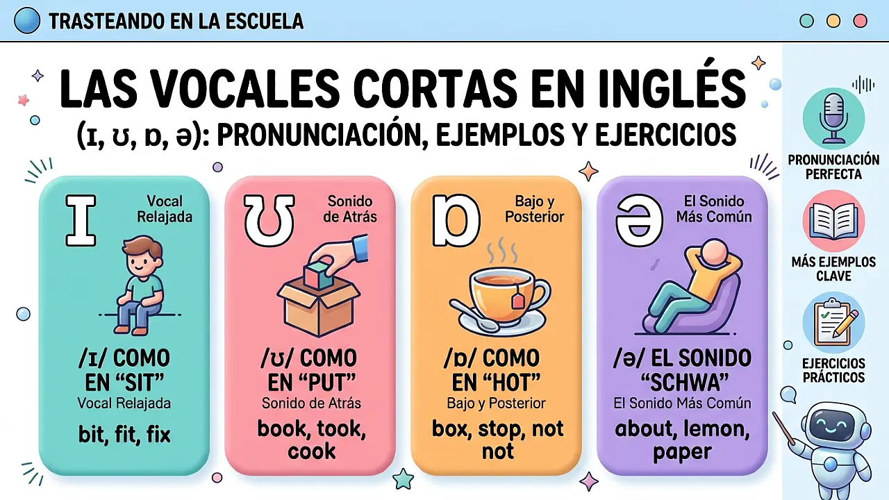 Short vowels (ɪ, ʊ, ɒ, ə): pronunciación, ejemplos y ejercicios