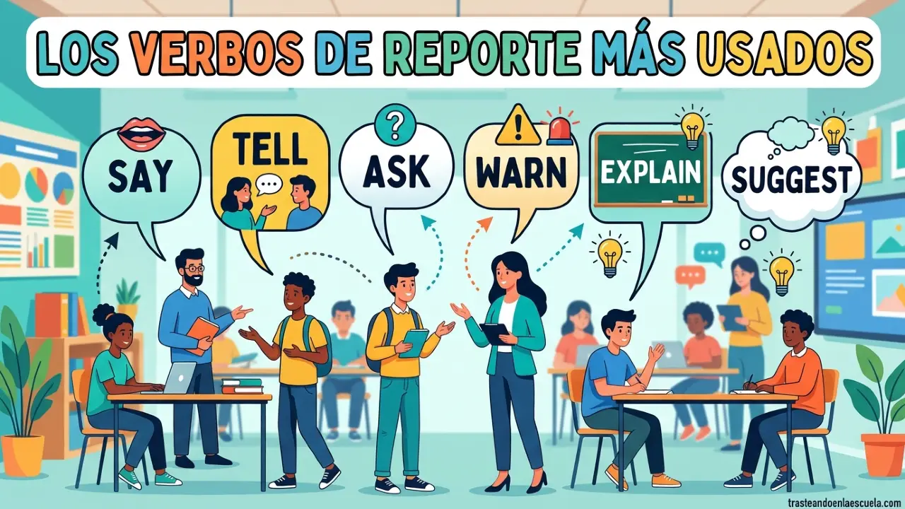 Verbos de reporte más usados: say, tell, ask, warn, explain, suggest