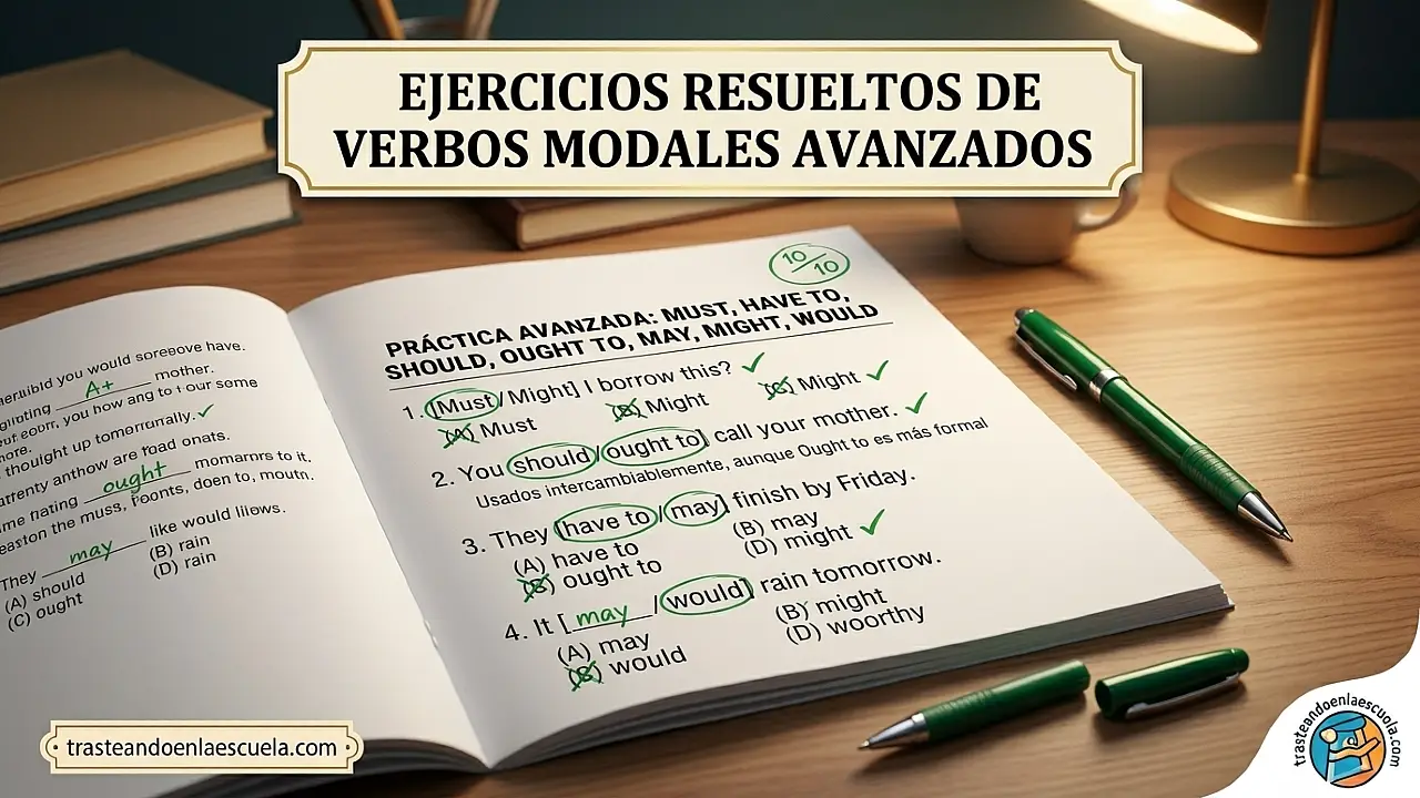 Ejercicios de verbos modales avanzados resueltos (Must, Have to, Should, Ought to, May, Might, Would)