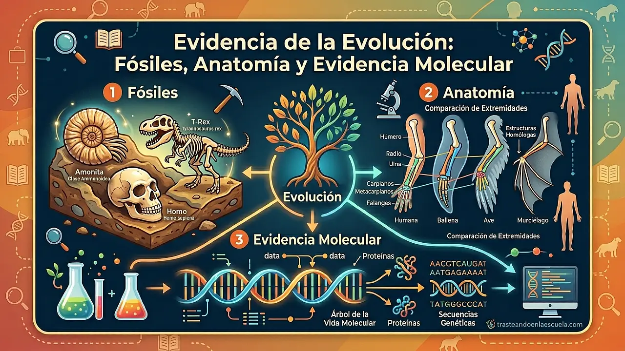 Evidencias de la evolución: fósiles, anatomía y pruebas moleculares