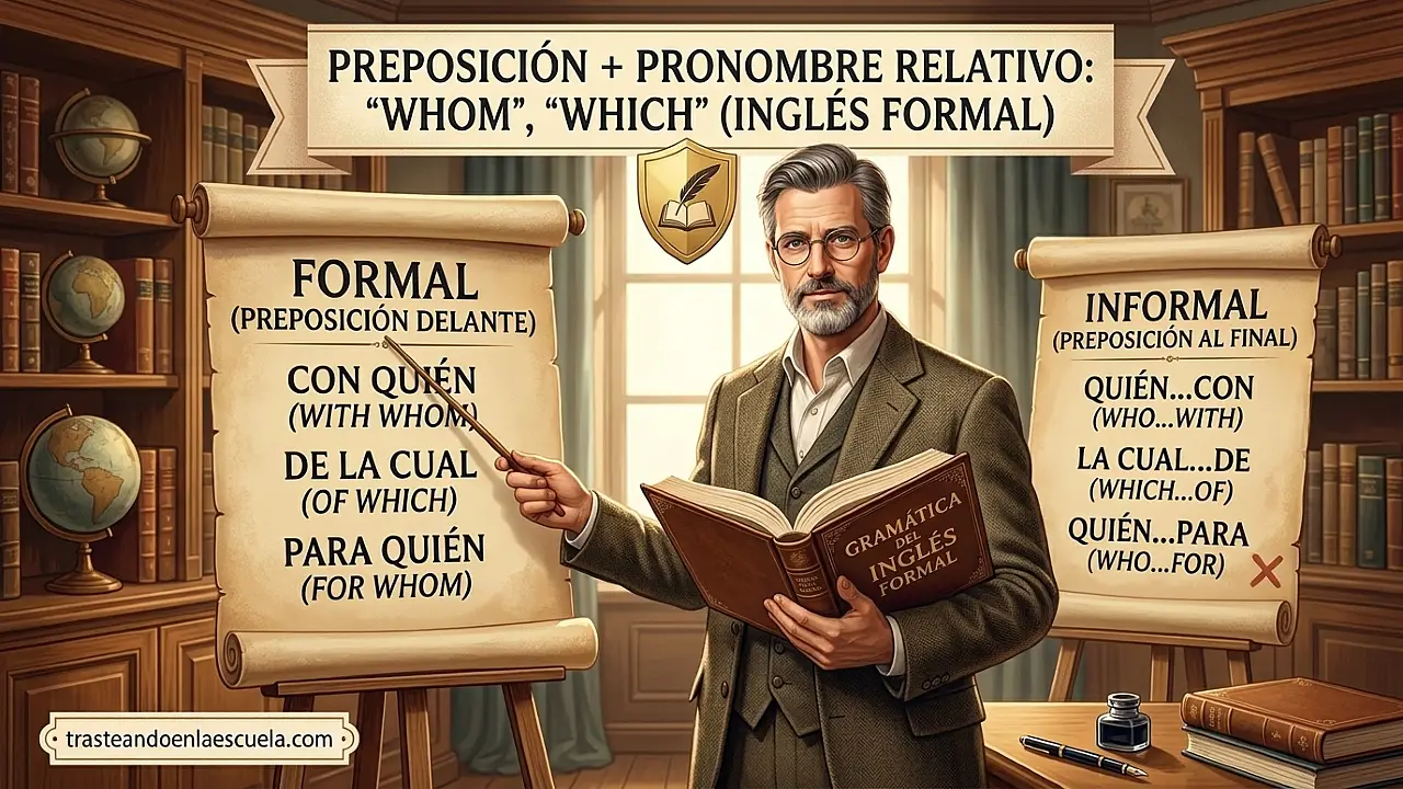 Preposición + pronombre relativo: whom, which (formal English)